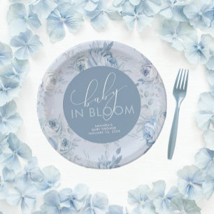 Assiettes En Carton Baby-Shower Fleurs Bleu Poussiéreux Bébé en Fleur