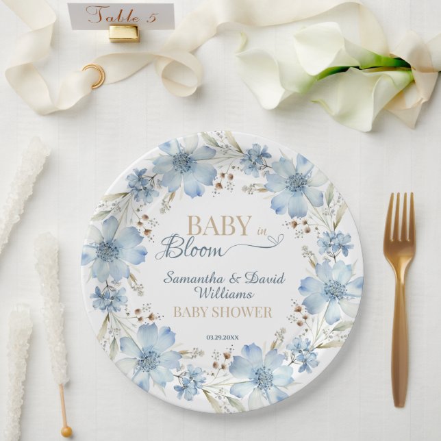 Assiettes En Carton Baby Shower Fleurs de Cosmos Bleu Bébé en Fleur (Mariage)