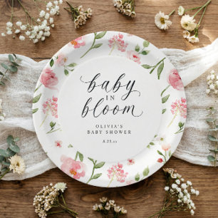 Assiettes En Carton Baby Shower Fleurs de Jardin aquarelle rose Bébé e
