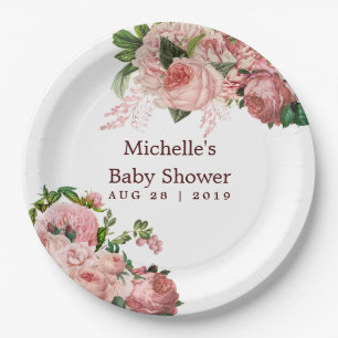 Assiettes En Carton Baby Shower Fleurs Roses et Bourgogne Vintage