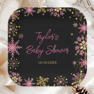 Assiettes En Carton Baby Shower Flocons de Neige Rose et Or