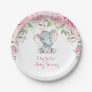 Assiettes En Carton Baby shower floral 7" d'éléphant de roses roses