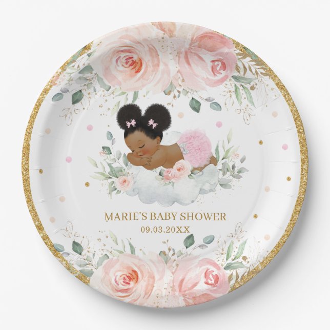 Assiettes En Carton Baby shower floral afro-américain Blush (Devant)