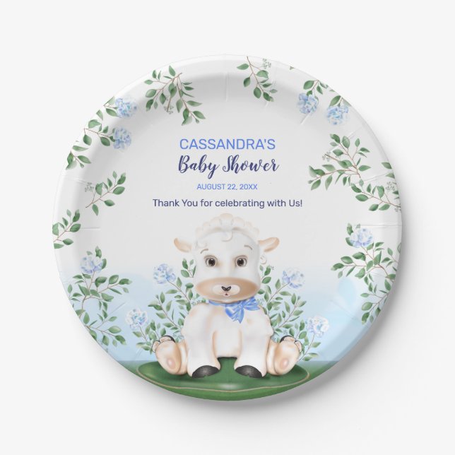 Assiettes En Carton Baby shower floral bleu d'agneau (Devant)