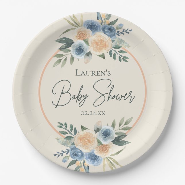 Assiettes En Carton Baby shower floral bleu et blanc (Devant)