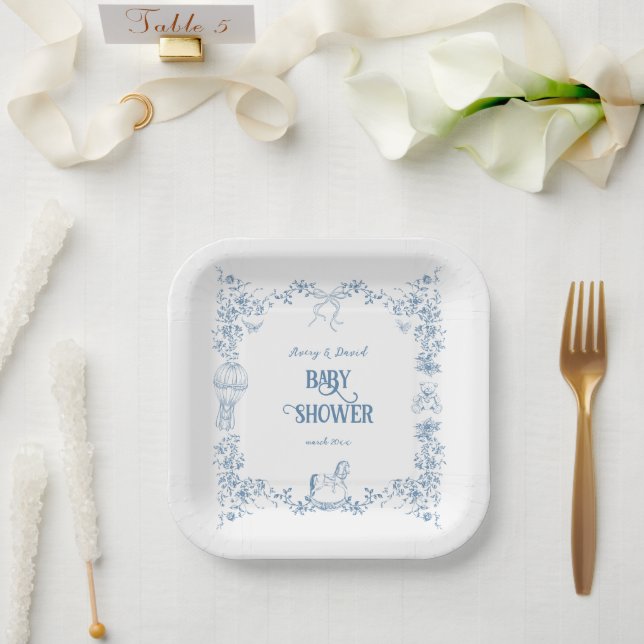Assiettes En Carton Baby shower floral bleu foncé (Mariage)