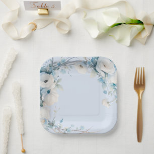 Assiettes En Carton Baby Shower Floral Bleu Poussiéreux Élégant