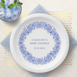 Assiettes En Carton Baby shower Floral Blue Boy