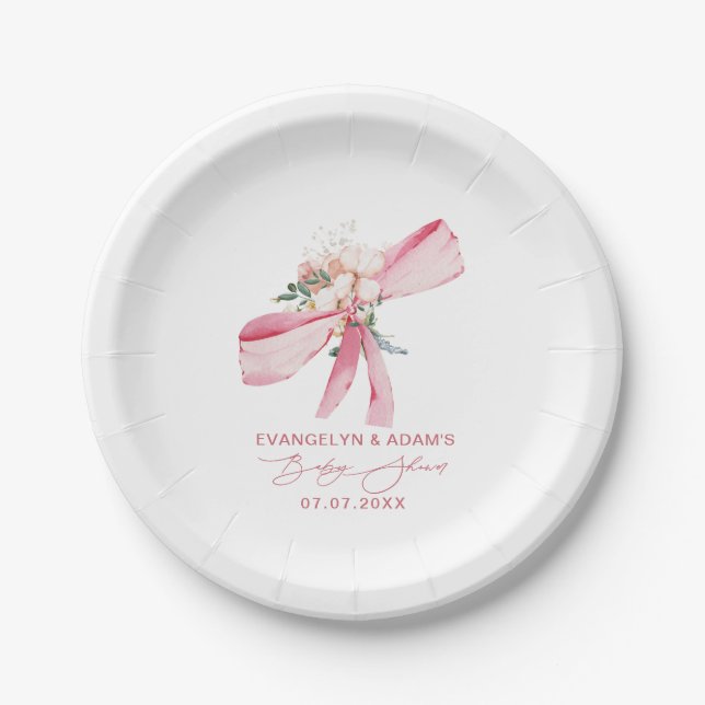Assiettes En Carton Baby shower Floral Bow rose pâle (Devant)