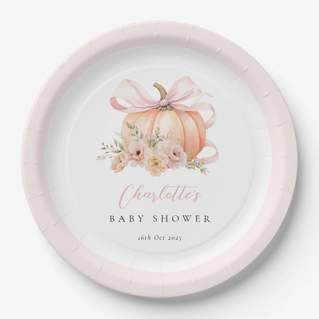 Assiettes En Carton Baby shower Floral Citrouille Bow (Devant)