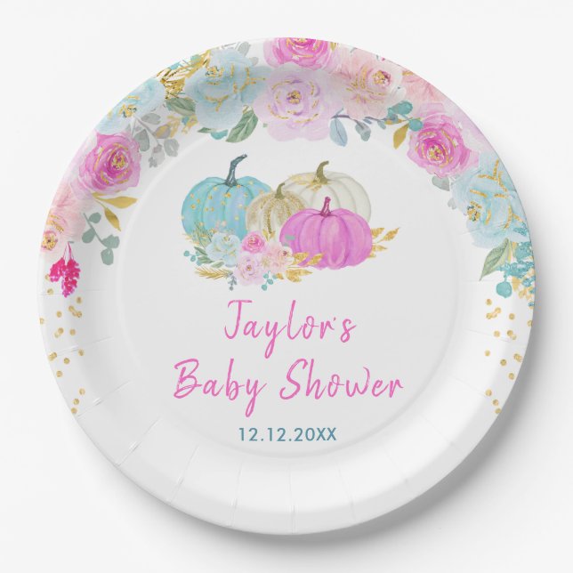 Assiettes En Carton Baby shower Floral Citrouille Pastel (Devant)