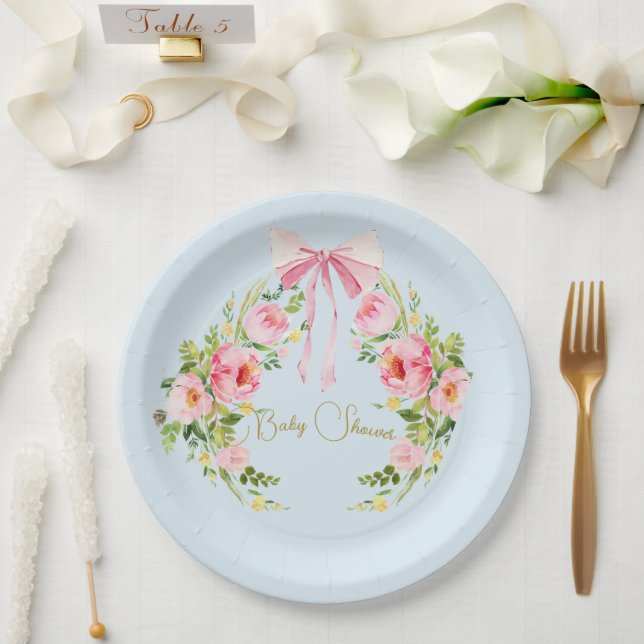 Assiettes En Carton Baby shower Floral Crest Regency Bow rose Bleu (Mariage)