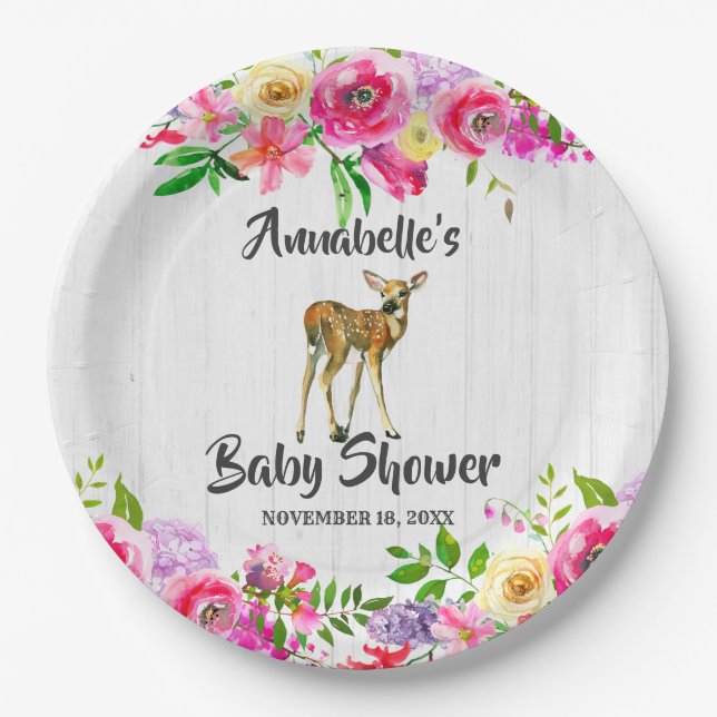Assiettes En Carton Baby shower floral de cerf de bois (Devant)