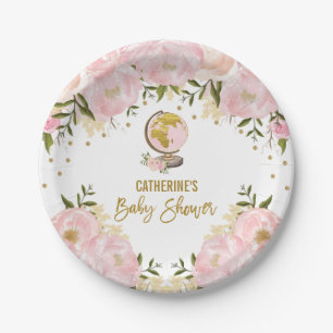 Assiettes En Carton Baby shower floral de fille de voyage d'or rose