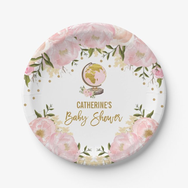 Assiettes En Carton Baby shower floral de fille de voyage d'or rose (Devant)