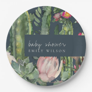 ASSIETTES EN CARTON BABY SHOWER FLORAL DE LA MARINE ROSE CACTI FOLIAGE