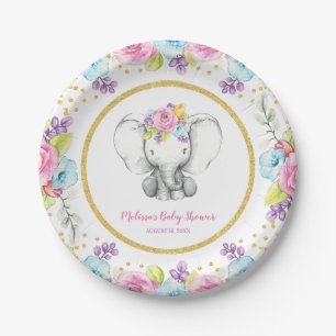 Assiettes En Carton Baby shower floral d'éléphant d'aquarelle