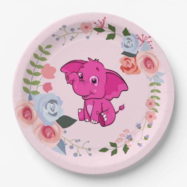 Assiettes En Carton Baby shower floral d'éléphant pour fille rose (Devant)