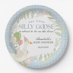 Assiettes En Carton Baby shower Floral En vichy d'oie soie bleue
