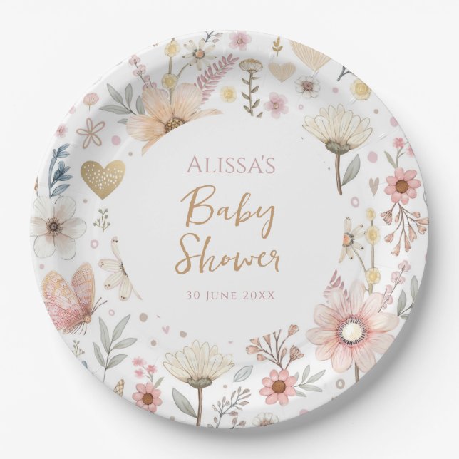 Assiettes En Carton Baby shower Floral fleur sauvage Boho (Devant)