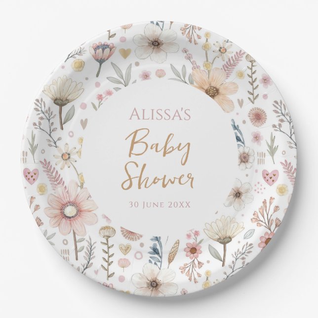 Assiettes En Carton Baby shower Floral fleur sauvage Boho (Devant)