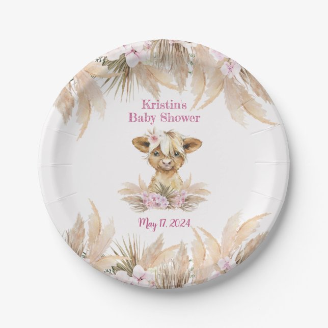 Assiettes En Carton Baby shower Floral Highland Cow (Devant)