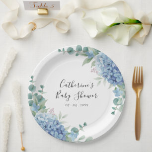 Assiettes En Carton Baby-Shower Floral Hydrangea Bleue