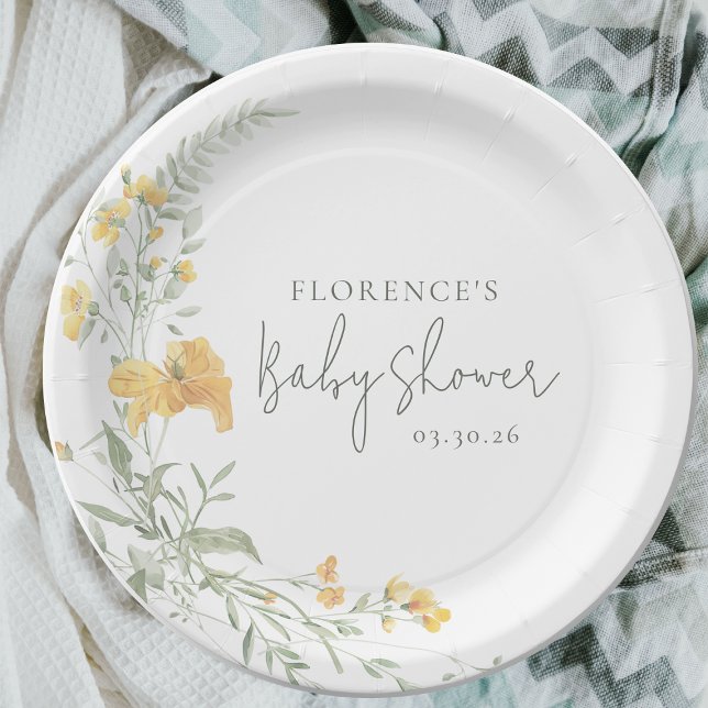 Assiettes En Carton Baby Shower Floral Jaune Élégant (Créateur téléchargé)