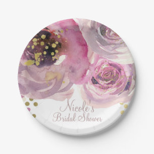 Assiettes En Carton Baby Shower Floral Moderne Rose et Or Aquarelle