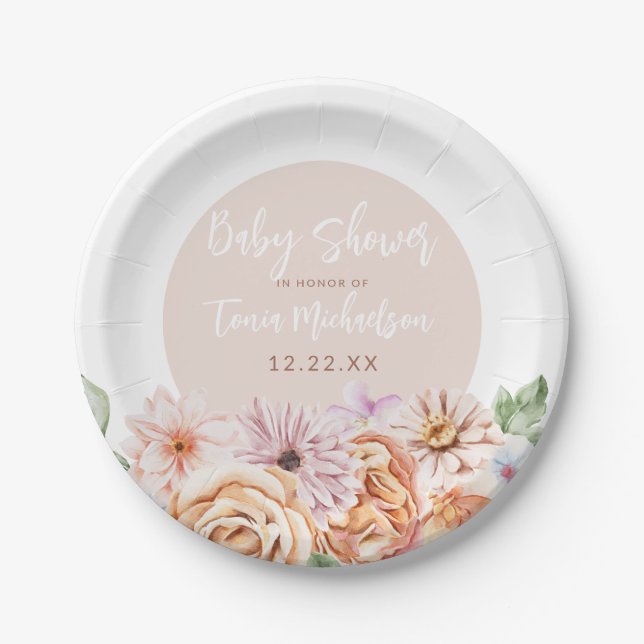Assiettes En Carton Baby shower floral neutre (Devant)