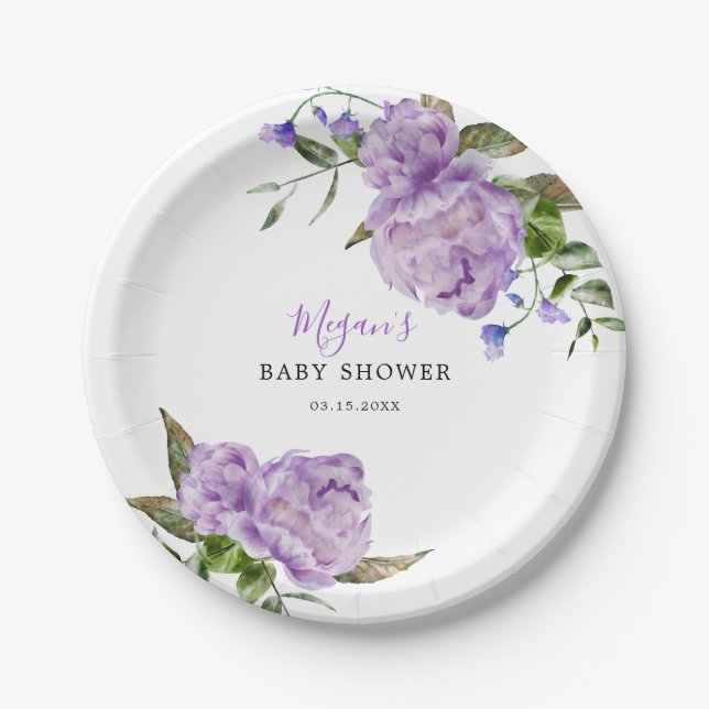 Assiettes En Carton Baby shower Floral pourpre (Devant)