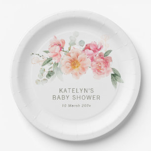 Assiettes En Carton baby shower floral rose aquarelle