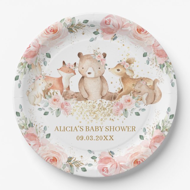 Assiettes En Carton Baby shower Floral rose clair boisé (Devant)