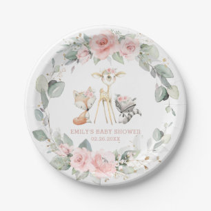 Assiettes En Carton Baby shower floral rose des animaux de forêt de W