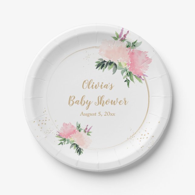 Assiettes En Carton Baby shower Floral rose or (Devant)