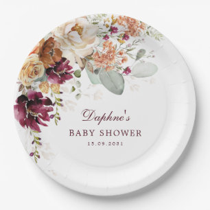 Assiettes En Carton Baby shower Floral Rustique Boho Maroon Terracotta