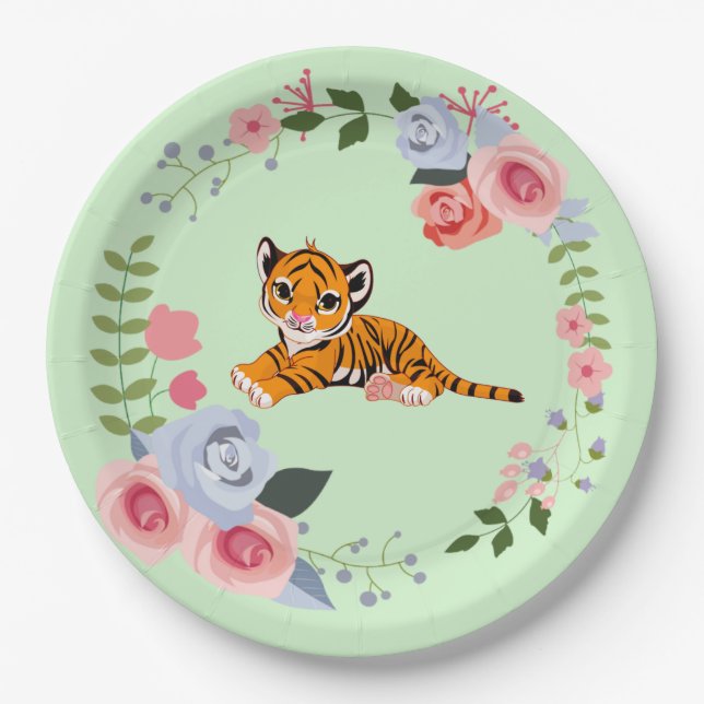Assiettes En Carton Baby shower floral Tiger Cub (Devant)