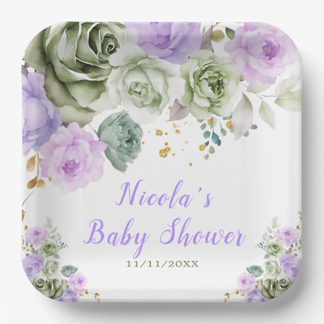 Assiettes En Carton Baby shower floral vert Sage et violet (Recto)