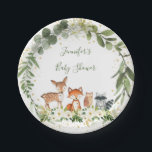Assiettes En Carton Baby shower forestier Végétation Forêt Animaux<br><div class="desc">Ces plaques en papier présentent de mignons animaux boisés à la végétation fleurie et aux accents de feuille d'or.</div>