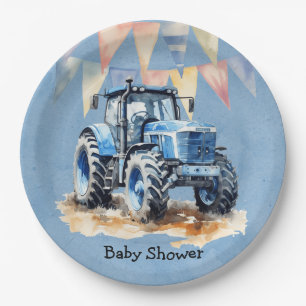 Assiettes En Carton Baby shower Garçon Blue Watercolor Tractor