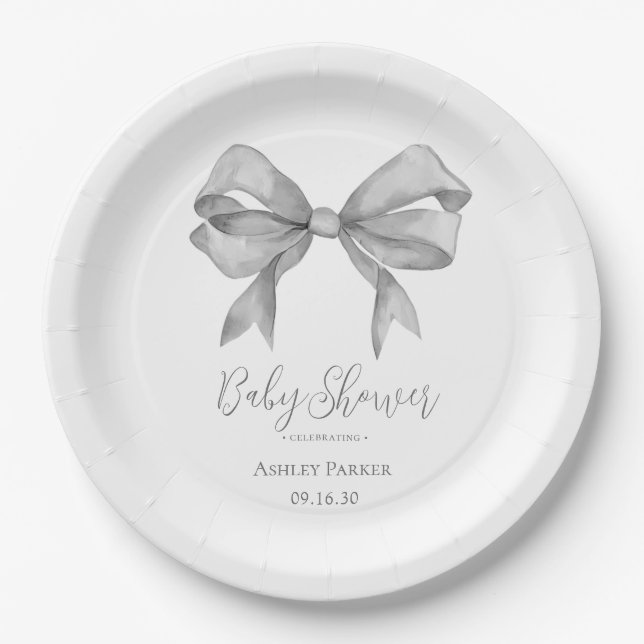 Assiettes En Carton Baby shower Garçon de Grey Bow (Devant)