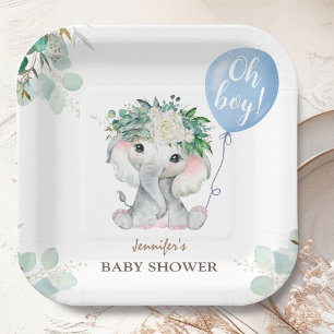 Assiettes En Carton Baby Shower Garçon Eléphant Bleu