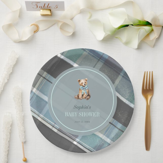 Assiettes En Carton Baby shower Garçon en peluche gris et bleu plaid (Mariage)