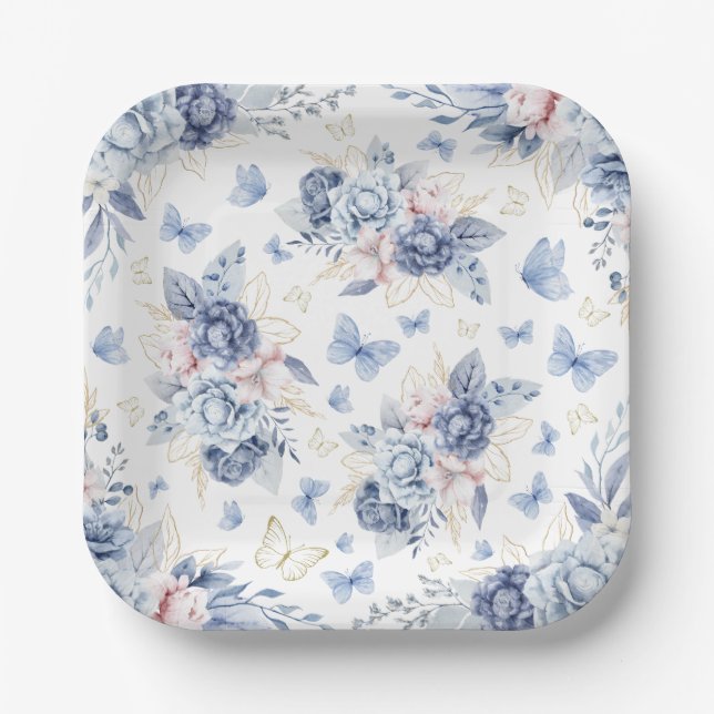 Assiettes En Carton Baby shower Garçon Gold & Blue Butterflies (Recto)