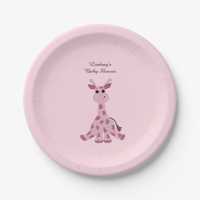 Assiettes En Carton Baby shower Giraffe assise rose (Devant)
