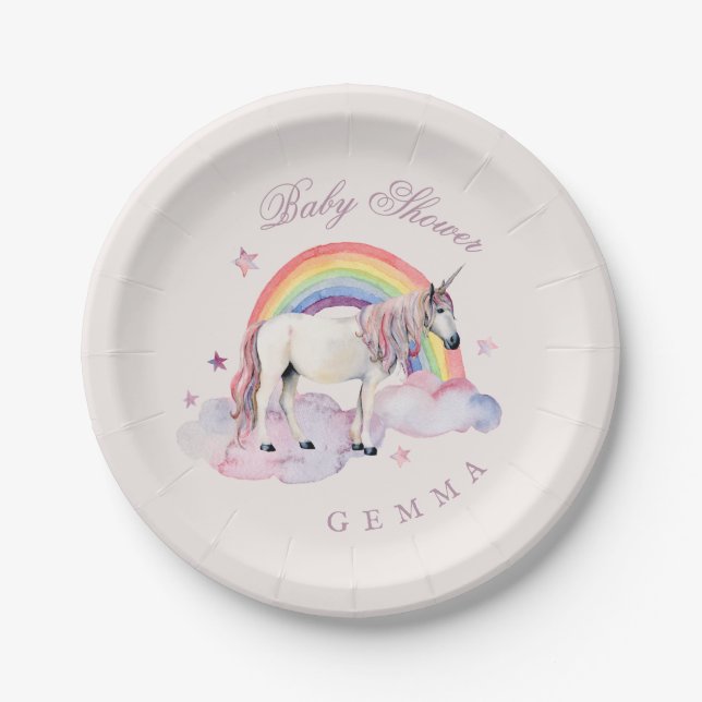 Assiettes En Carton Baby Shower Girl Rainbow Balloons Unicorn Pink (Devant)