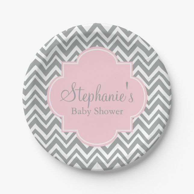 Assiettes En Carton Baby shower gris, blanc et rose pastel Chevron (Devant)