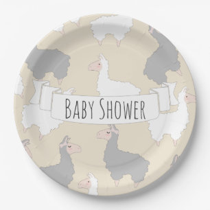Assiettes En Carton Baby shower gris et blanc pelucheux de lamas
