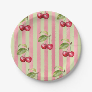 Assiettes En Carton Baby Shower Jardin aux Cerises Rayées Vintage
