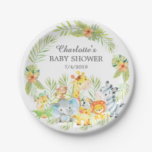 Assiettes En Carton Baby shower jaune 7" d'animaux de jungle plat